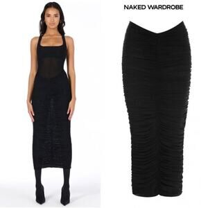 Naked wardrobe V waist rushed midi skirt black size small